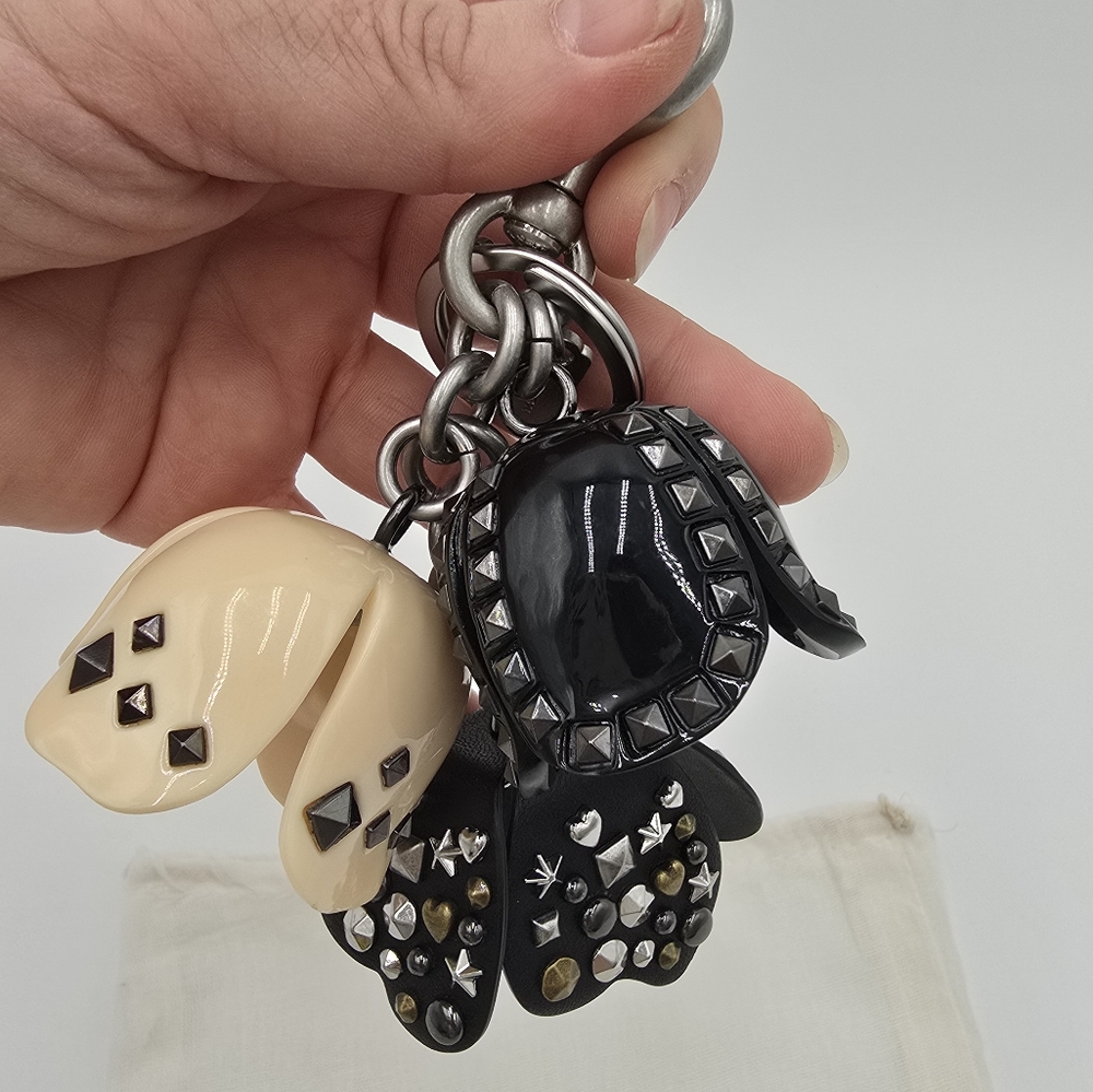 Coach Tea Rose Studded Bag Charm/  KeyRing, B & W, EUC - Picture 3 of 11